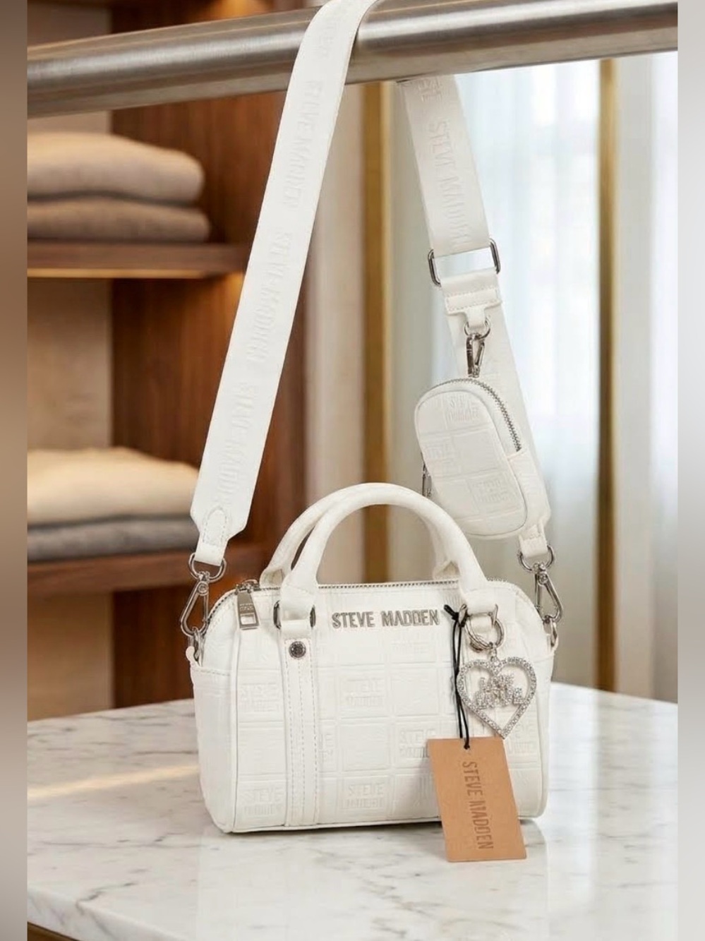 Steve Madden White Quilted Crossbody Satchel with Heart Charm - Picture 2 of 2
